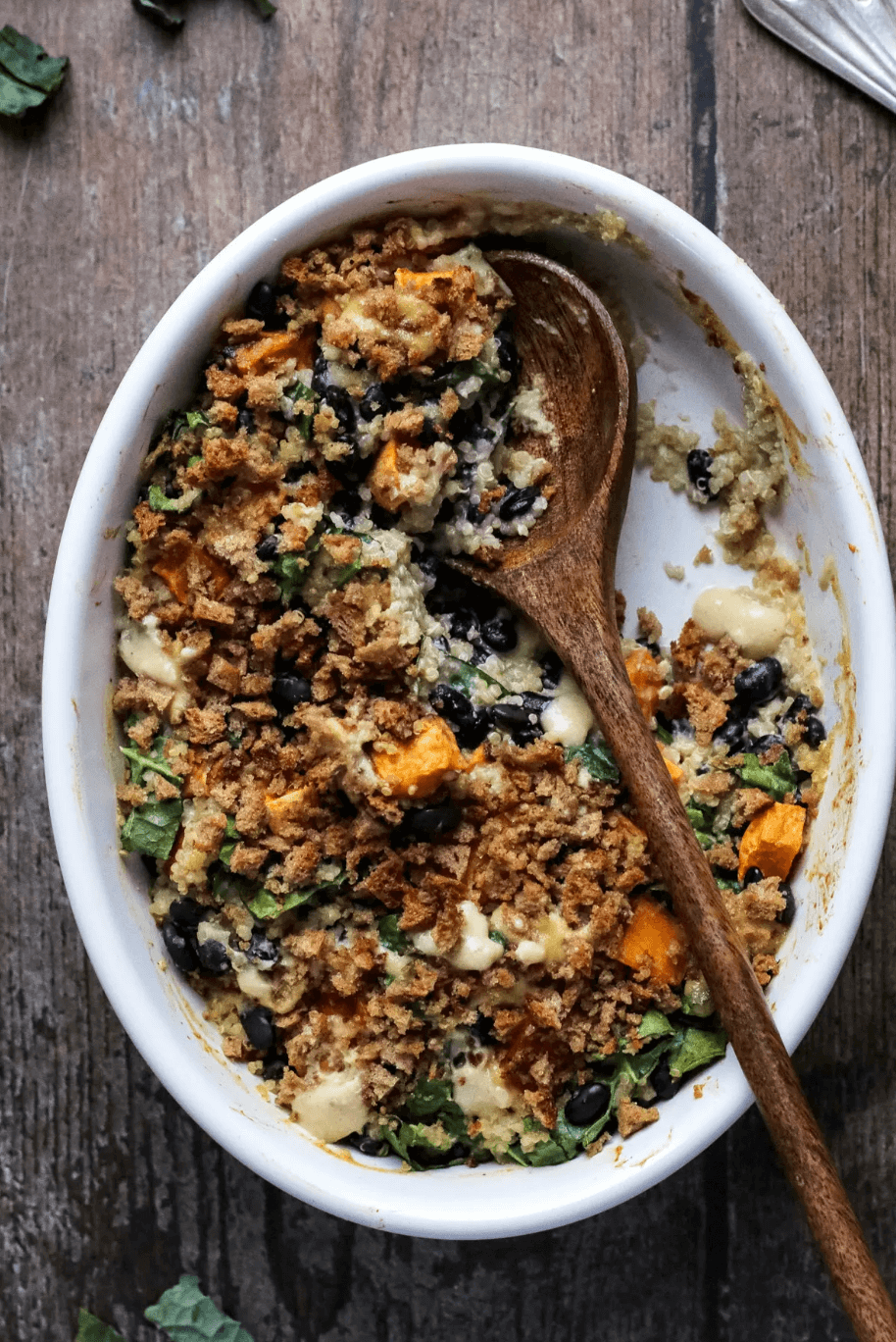Sweet Potato Casserole with Black Beans, Kale, and Quinoa