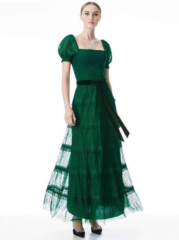 Green Bergdorf Goodman dress showing revenge dressing trend