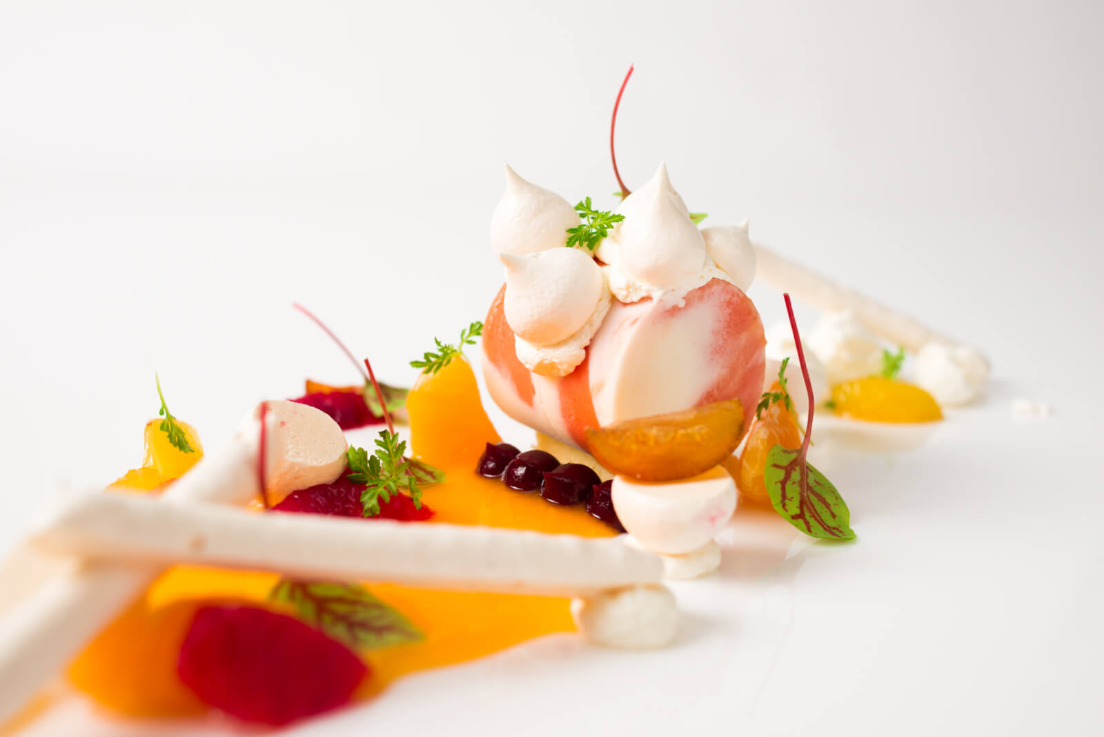 Citrus Vacherin with poached citrus, lemon curd, pistachio cake, meringue, mandarin sorbet, and buttermilk gelato