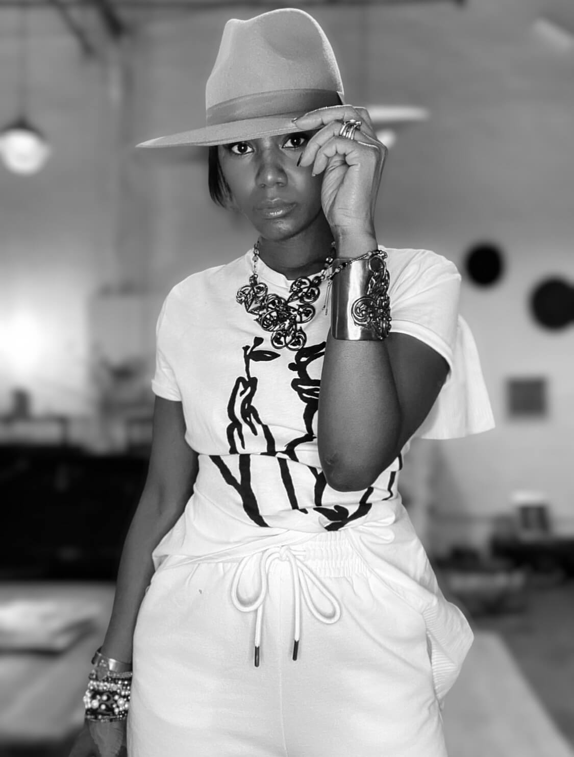 Black and white photo of Billie wearing her jewelry