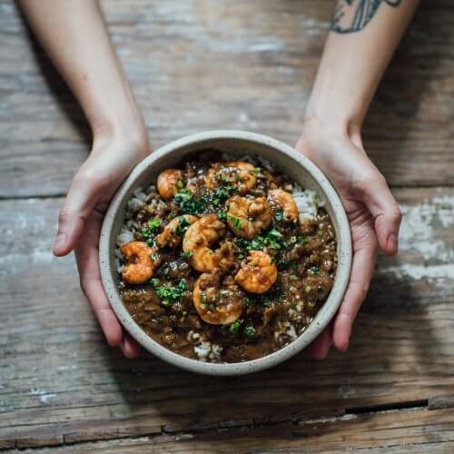 Person holding bowl of shrimp stew