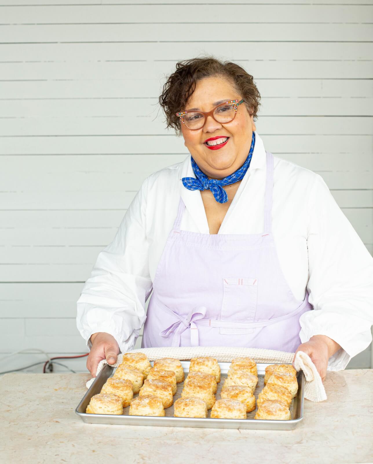 Cheryl Day showing off fresh-baked biscuits