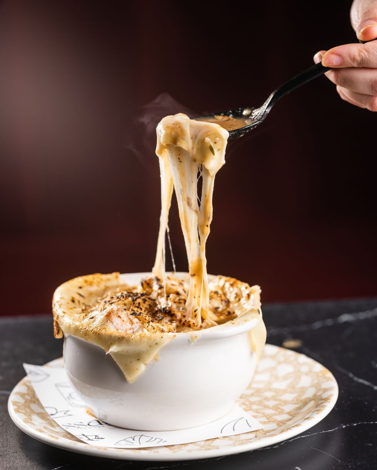 Cheesy French onion soup from Toussaint Brasserie