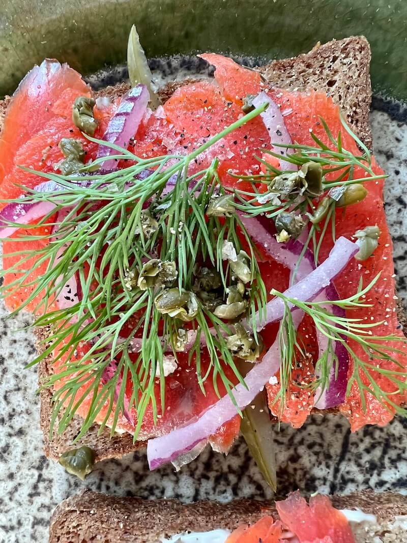 Open face salmon sandwich