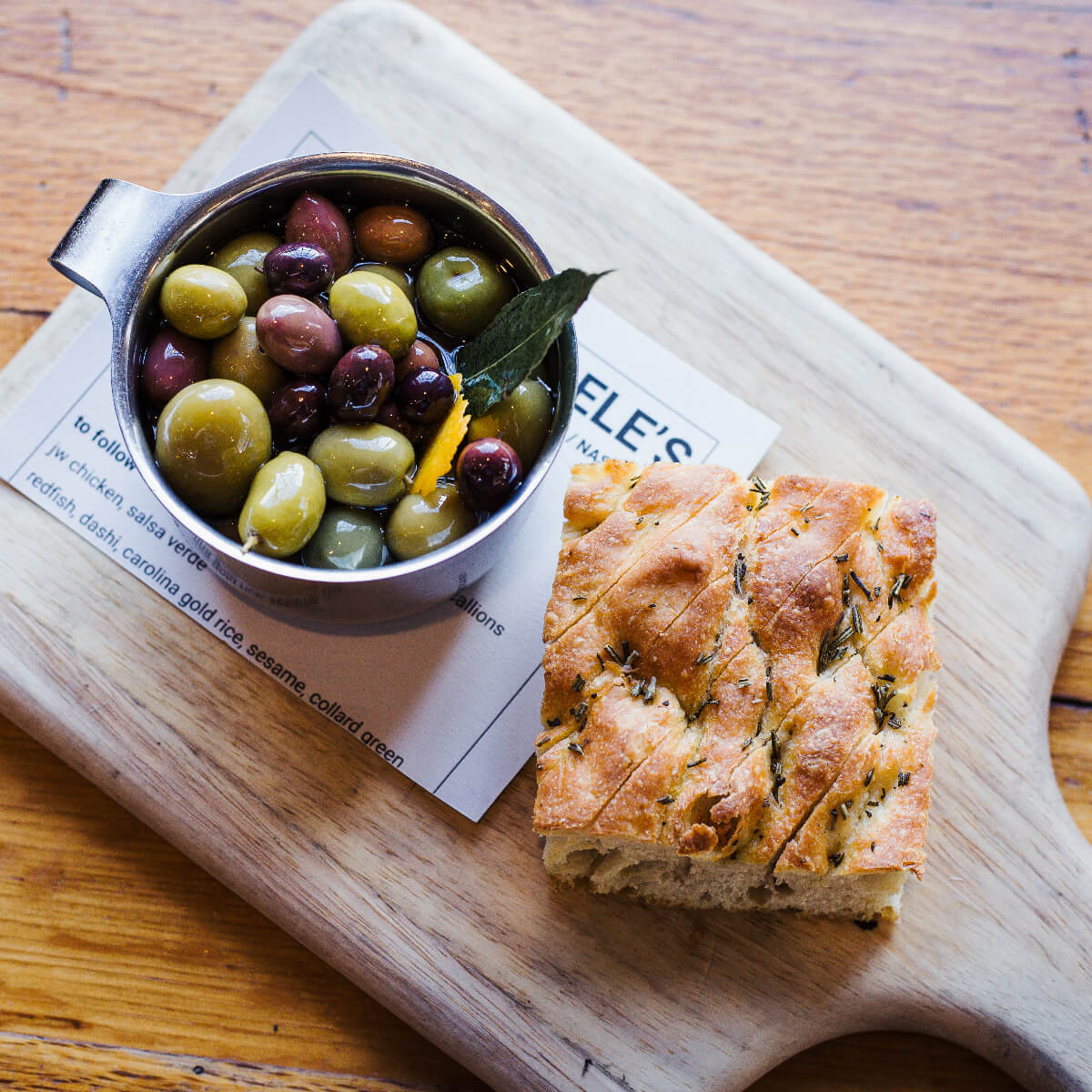 Marinated olives and mini focaccia loaf