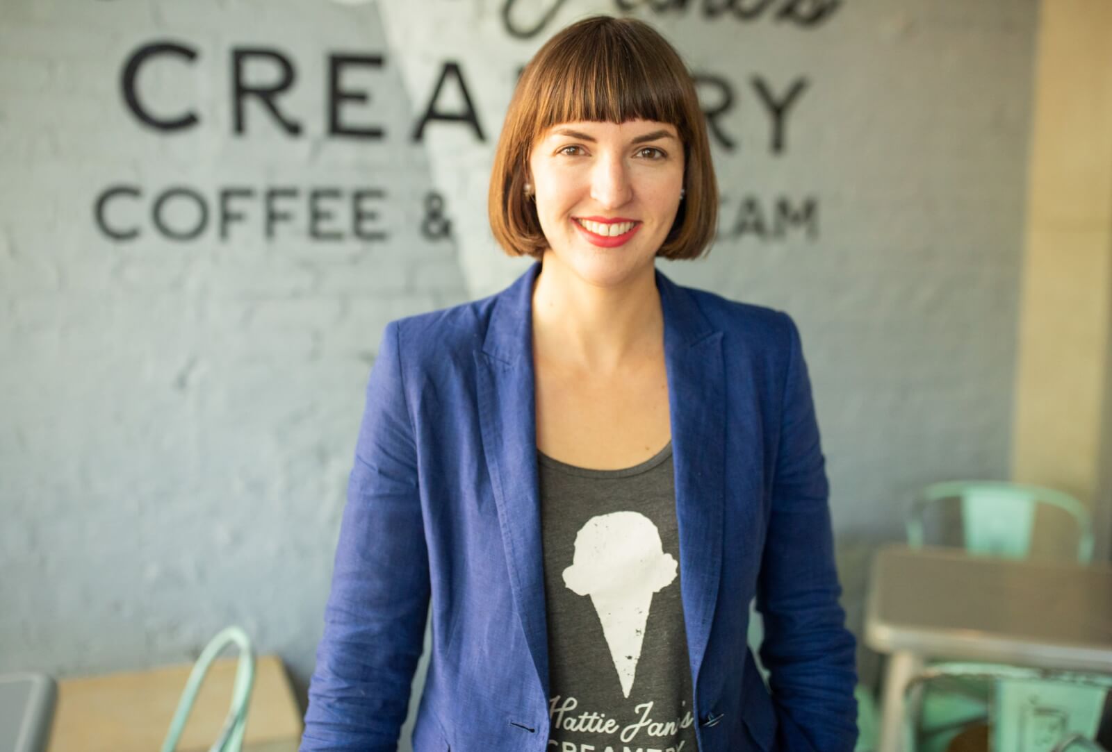 Claire Crowell, founder of Hattie Jane's Creamery, in a blue jacket.