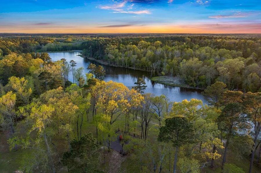 Texas Ranch aerial view with sunset and river