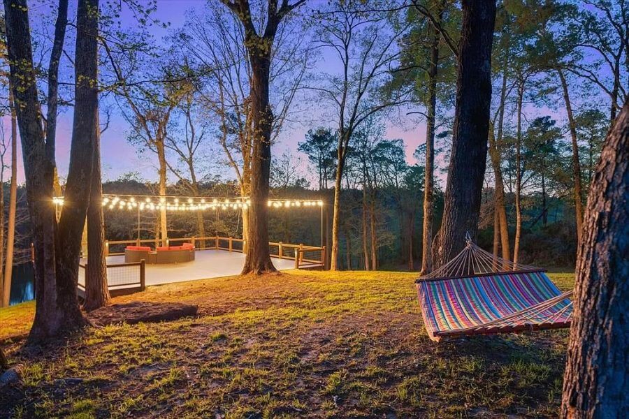 Wood deck with lights and hammock