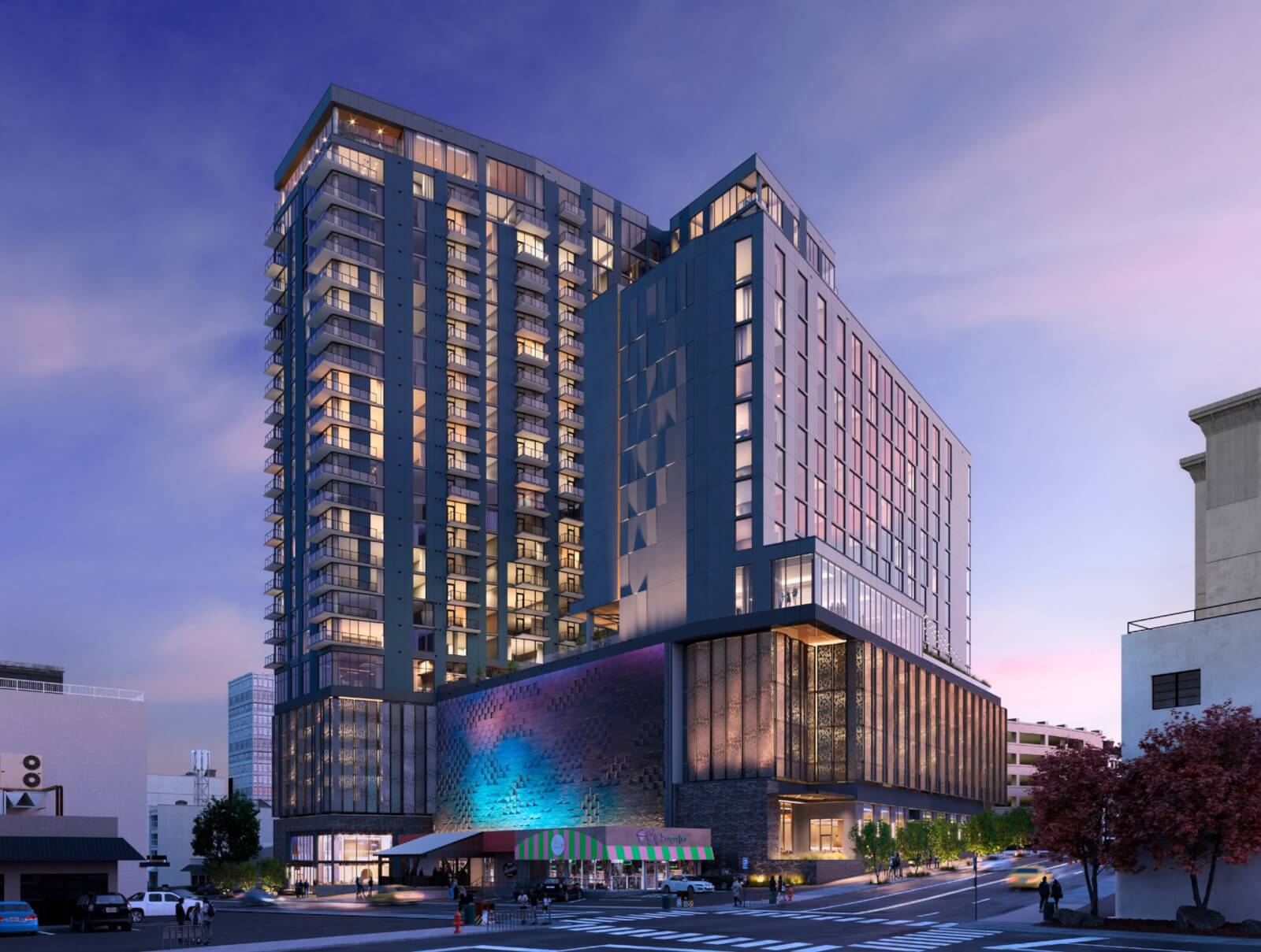 Exterior of Nashville Hotel Fraye, lit up at night