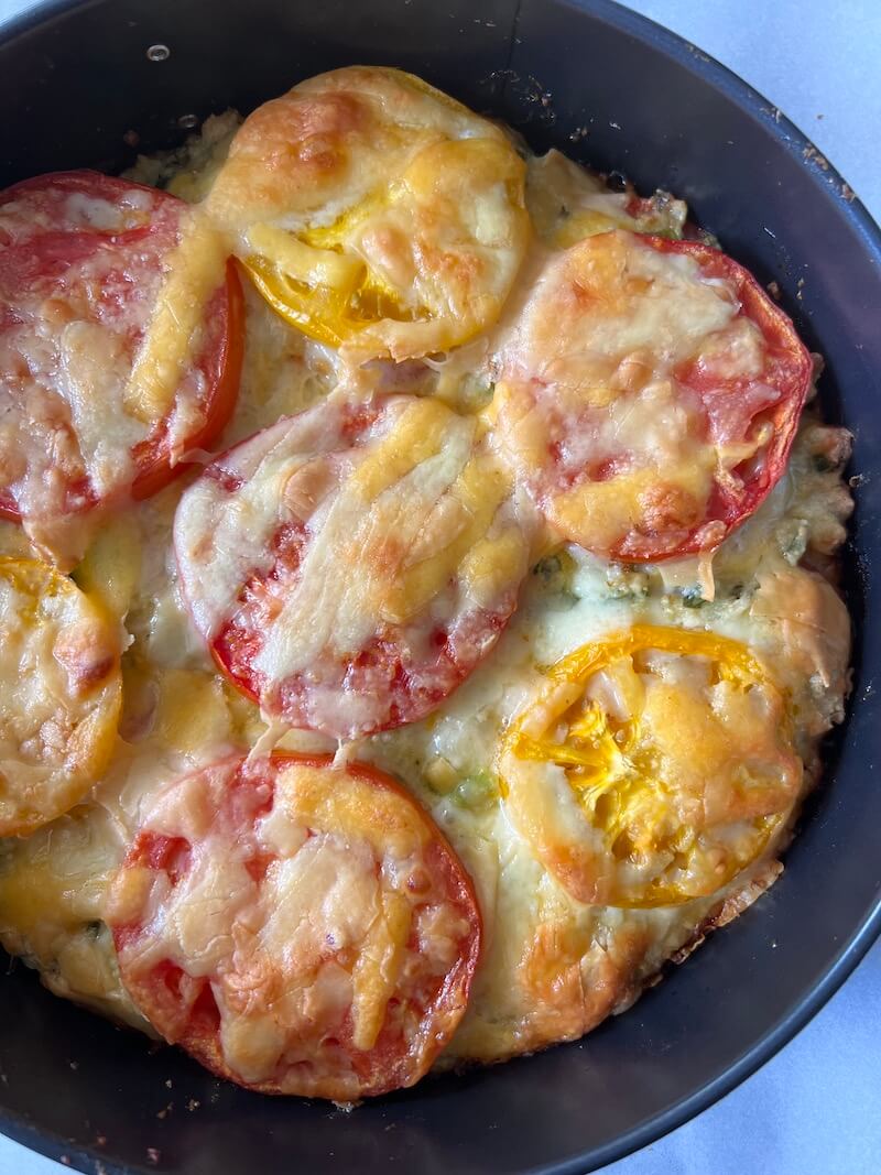 Crustless tomato pie just out of the oven.