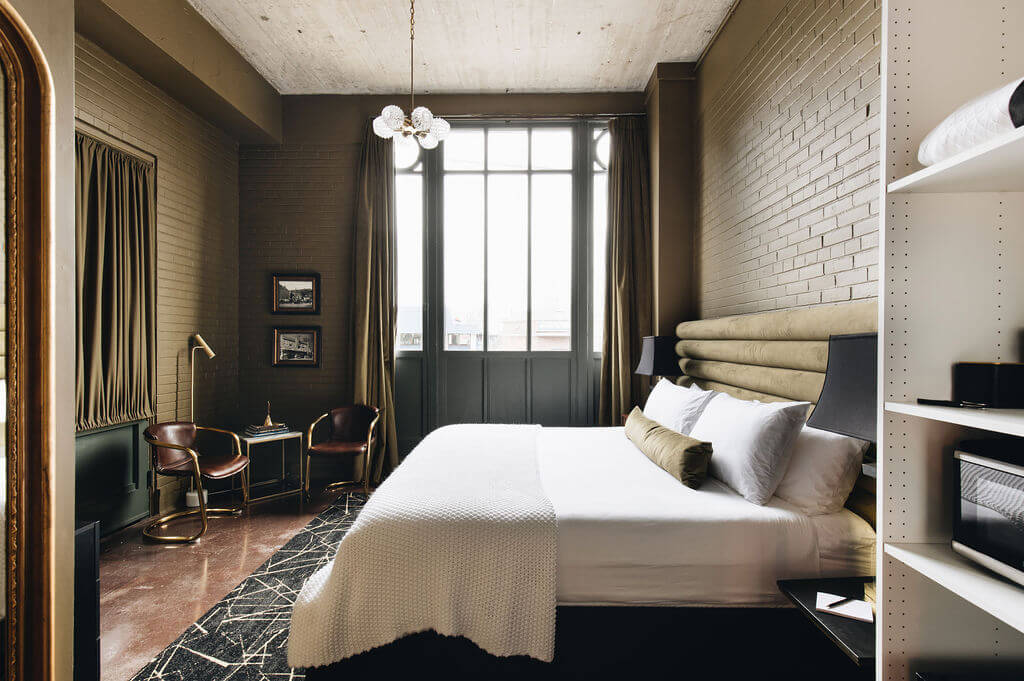 Industrial-style hotel suite
