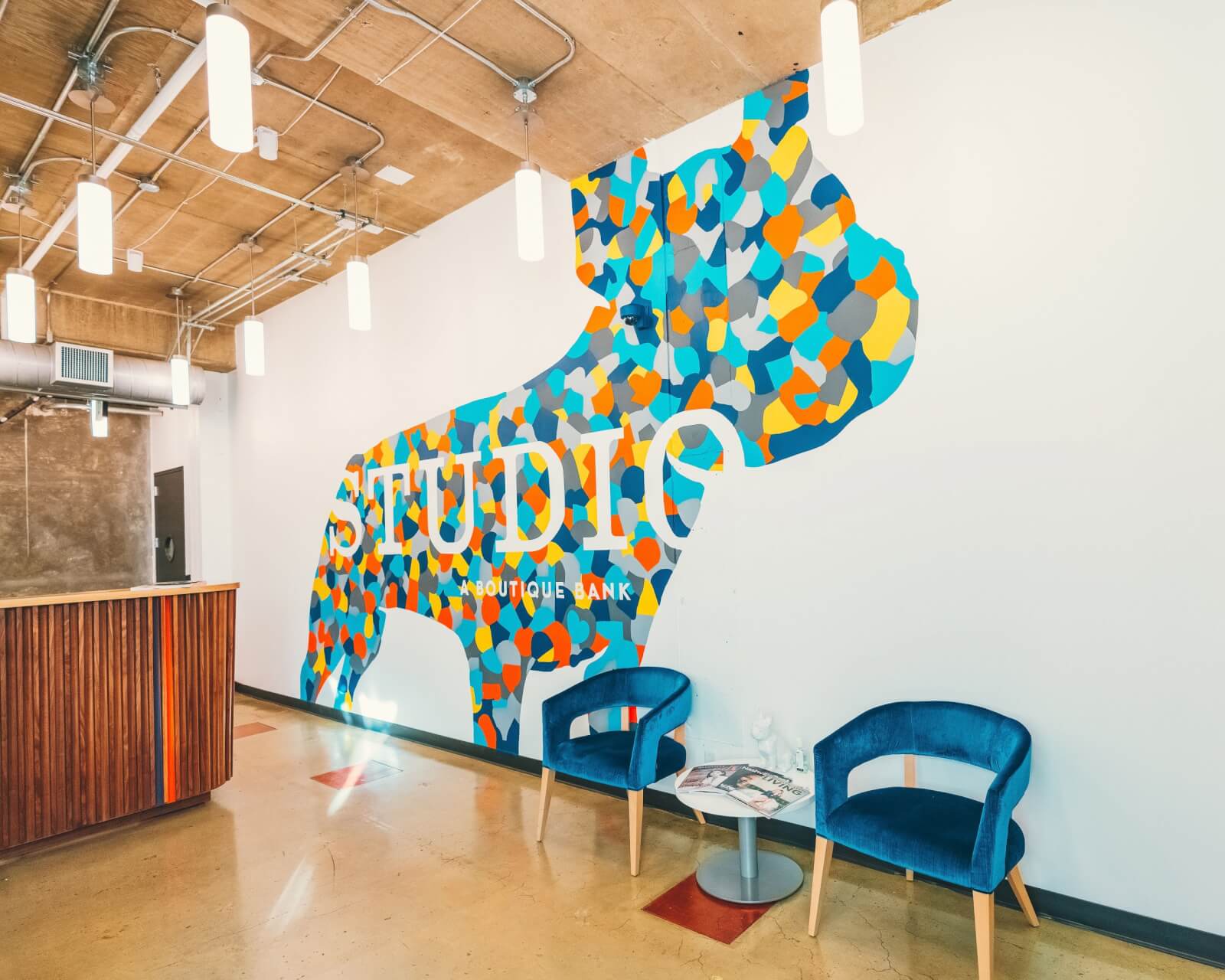 Colorful French bulldog mural at Studio Bank