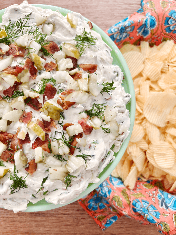 dill pickle dip with bacon - cake stand dips
