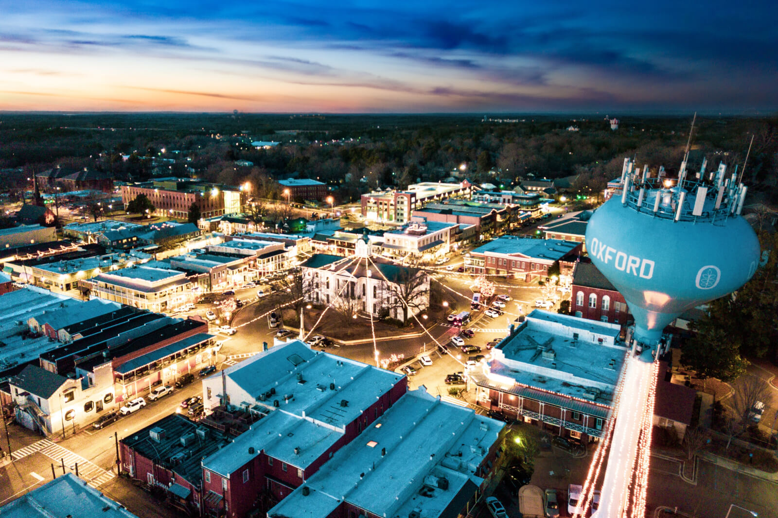 Aerial nighttime view of Oxford's Canopy of Lights.