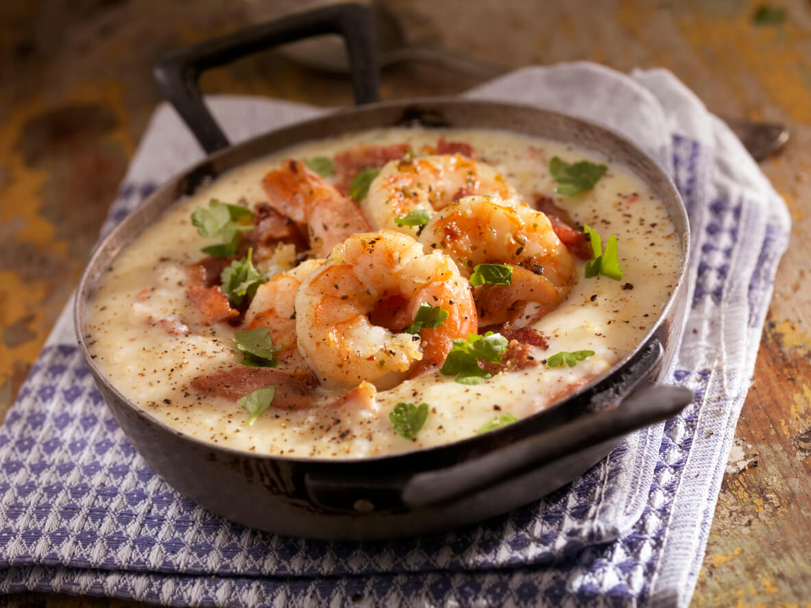 Shrimp and grits in an individual serving