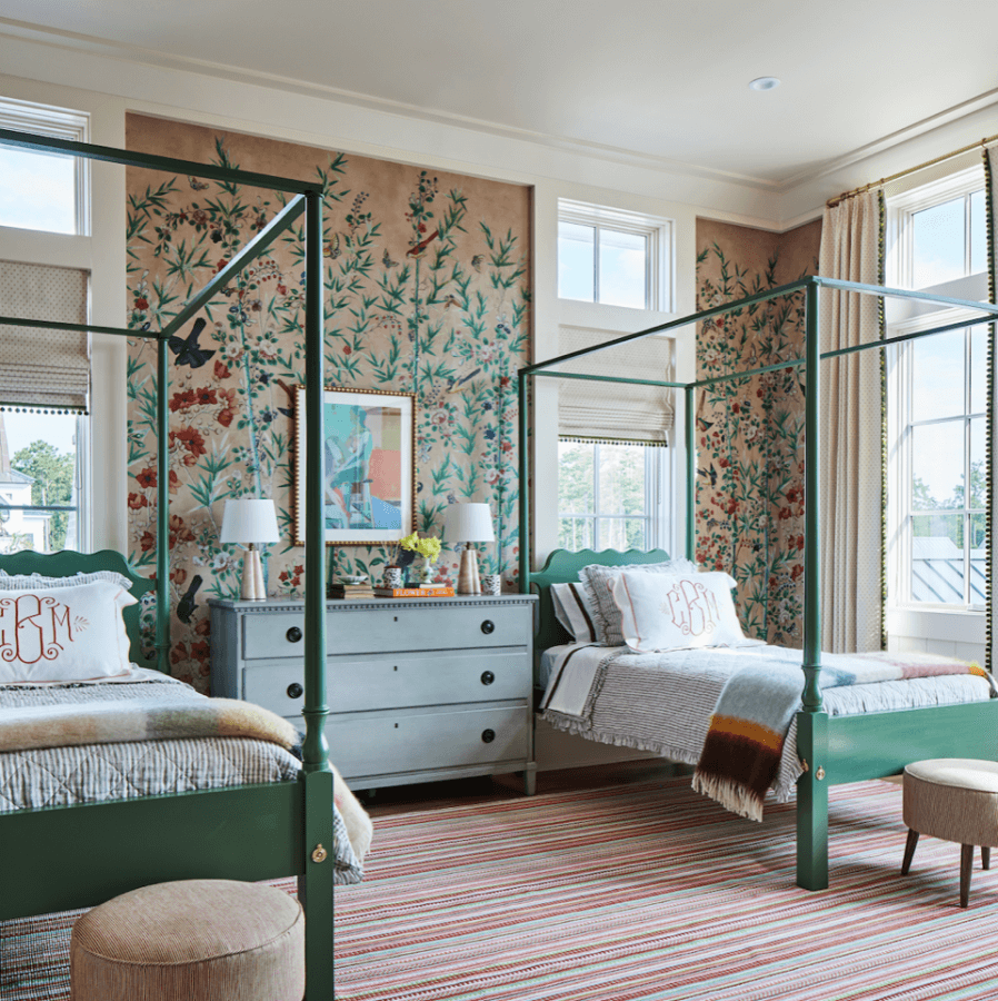 Charlotte and Liz House of Harris bedroom design with colorful wallpaper