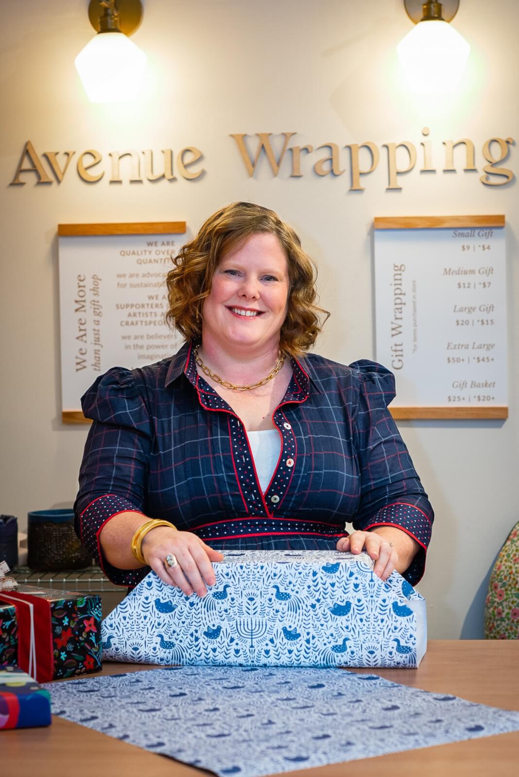 Vanessa wrapping a gift in her store, Avenue Wrapping.