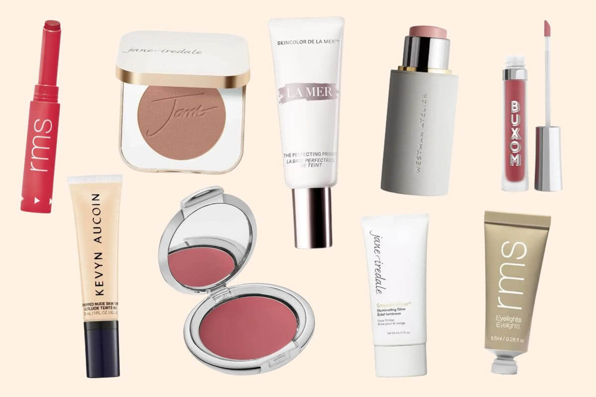 Assorted premium makeup and skincare products following spring beauty trends, displayed on a light background.