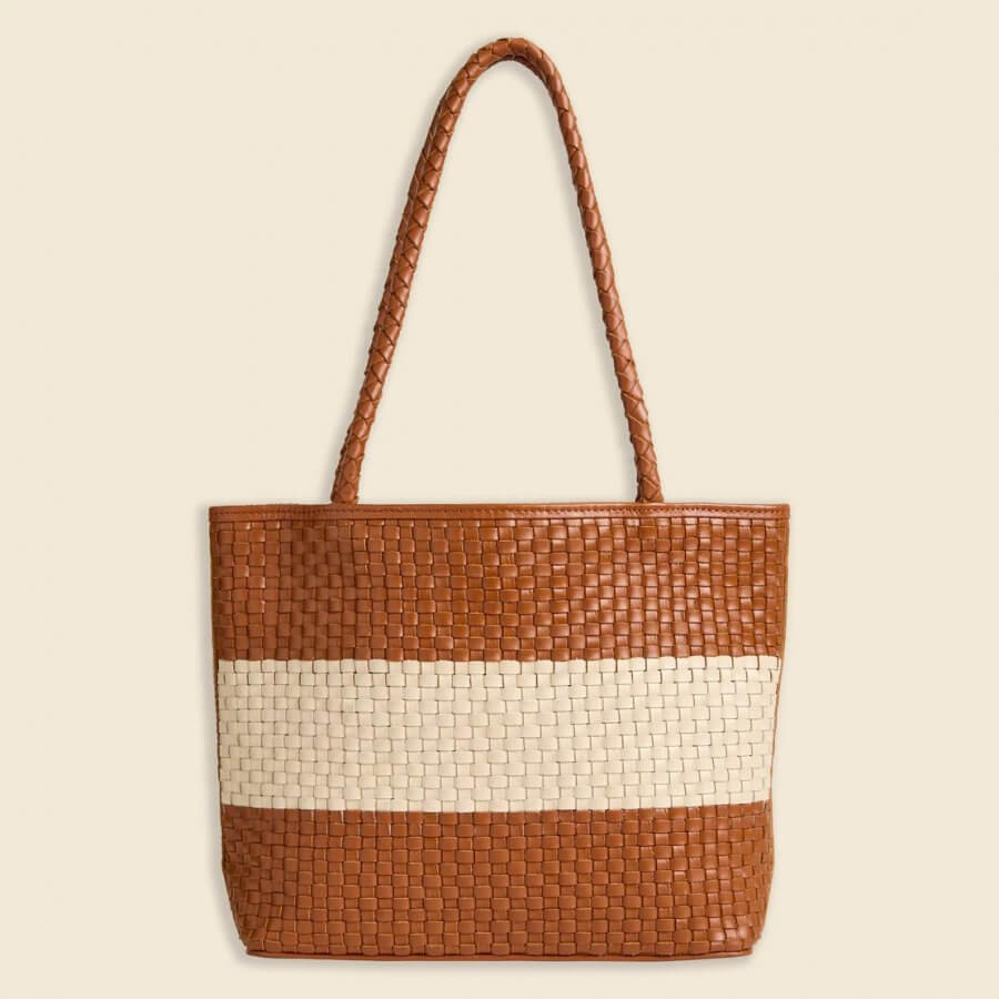 Woven tote bag featuring horizontal stripes in tan and white, displayed against a neutral background