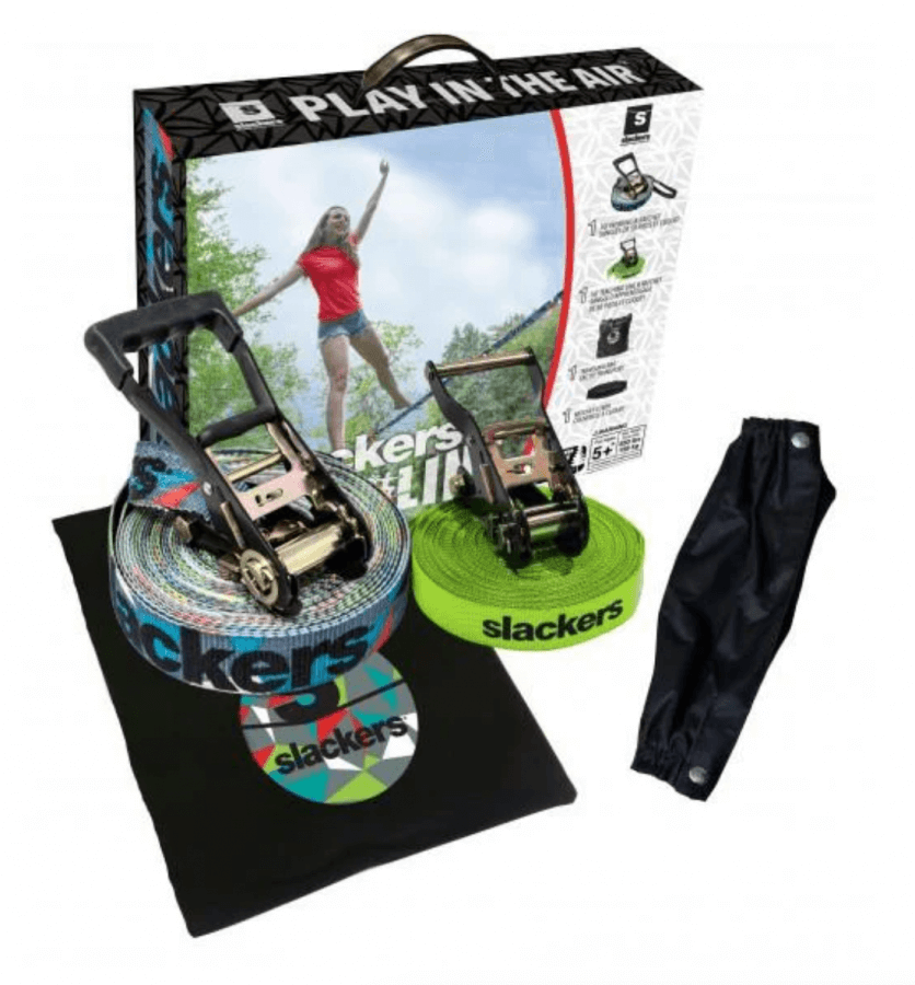 A product image of outdoor slackline gear, including two green trolleys, a seat, cable, and hardware, with packaging featuring a girl slacklining in the background.