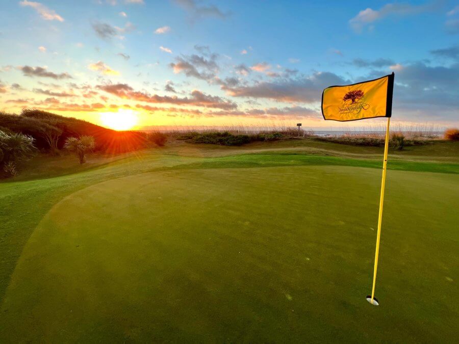 Kiawah Island golf course hole and flag at sunset