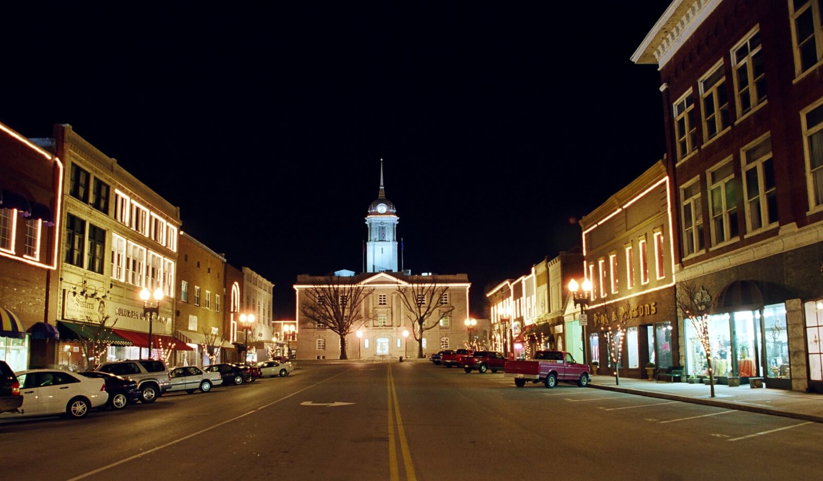 View of downtown Columbia, TN, at night.