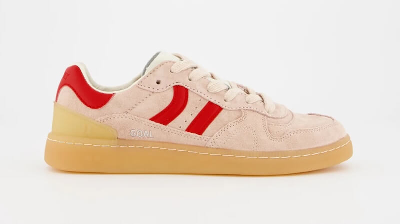 Discover the best sneakers with a beige suede design, featuring bold red accents and a stylish gum sole. The word "GOAL" proudly adorns the side, making these both trendy and eye-catching.
