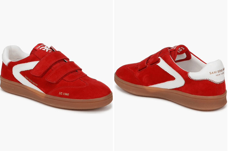 These red sneakers, hailed as some of the best sneakers around, boast white accents and velcro straps, complemented by a brown sole. The brand name and model details stand proudly on the side and heel.