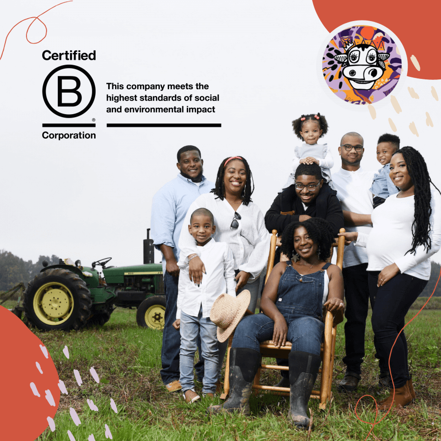 Farmer Cee Stanley and the Green Heffa Farms team sitting together and a graphic saying Certified B Corp