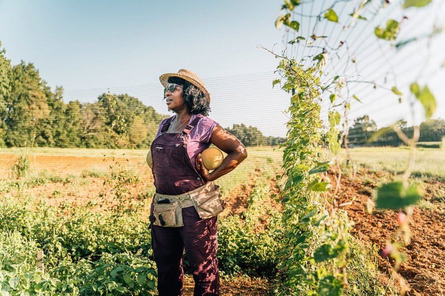 Farmer Cee Stanley in a purple jumpsuit looking out at her farm