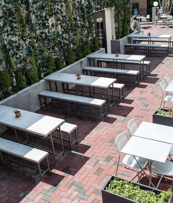 outdoor patio with picnic tables