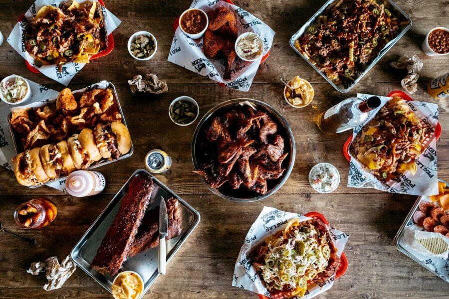 Aerial view of barbecue spread.