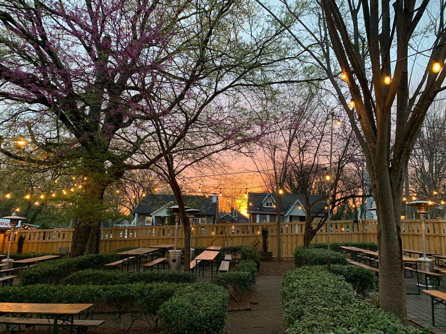 outdoor beer garden at sunset
