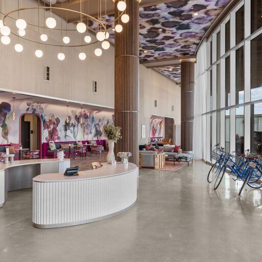 Interior of hotel with blue bicycles