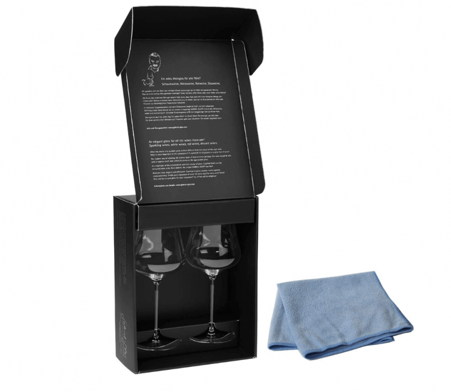 Box of crystal wine glasses with cleaning rag