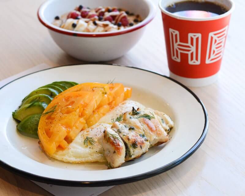 Hero's Power Plate with a sweet side and coffee.