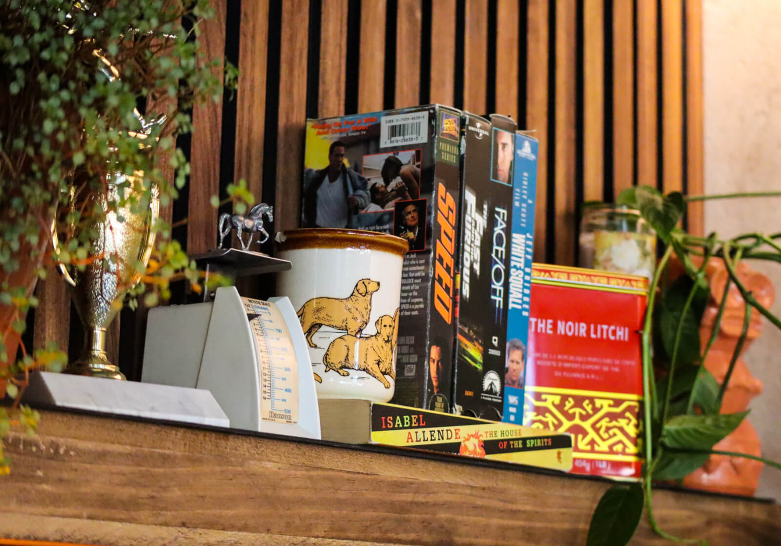 Close-up of VHS tapes and other miscellaneous objects on a shelf.