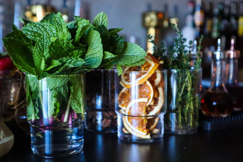 Jars of cocktail garnishes.