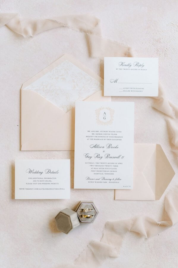 blush wedding invitation and details