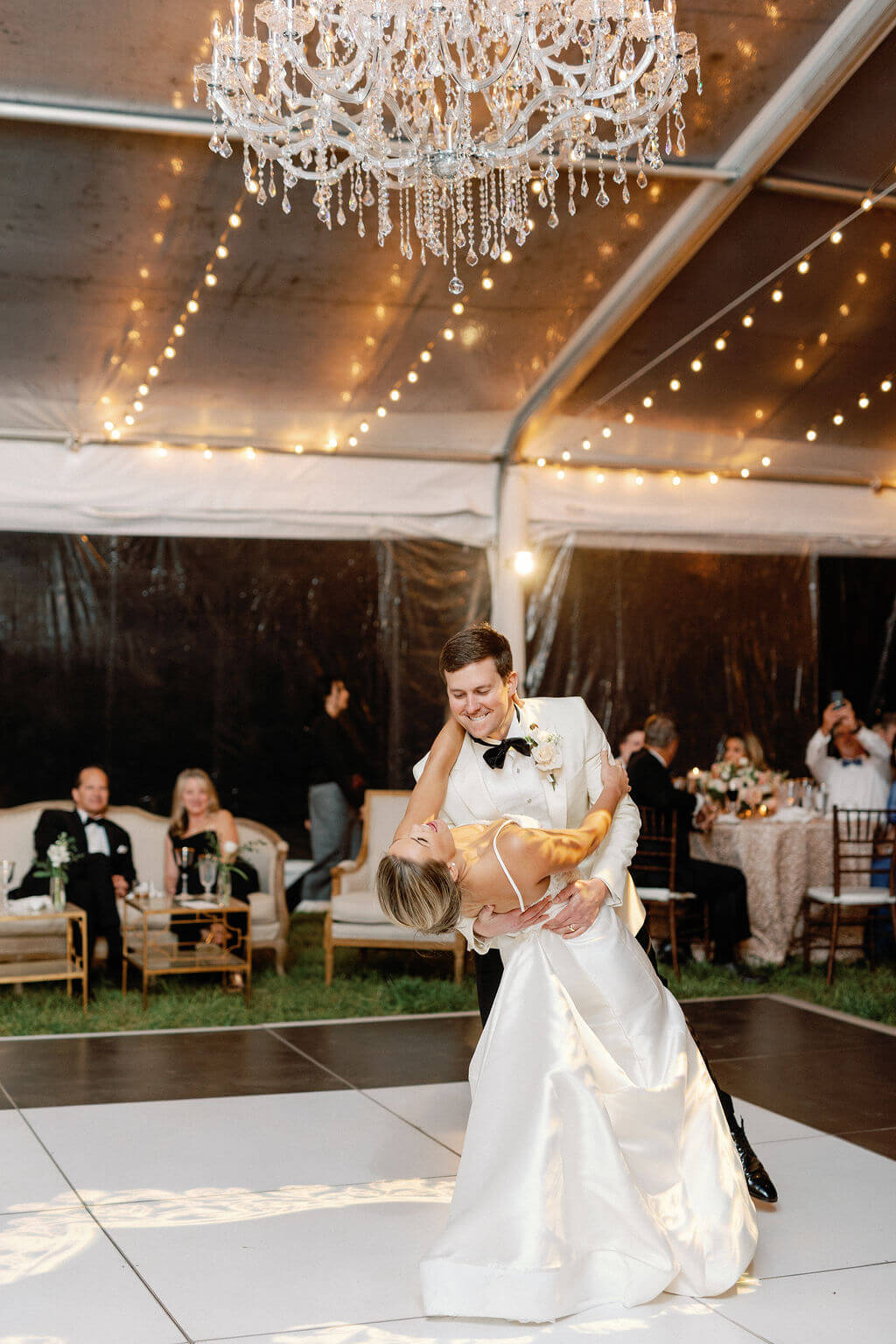 Bride and groom on dance floor.