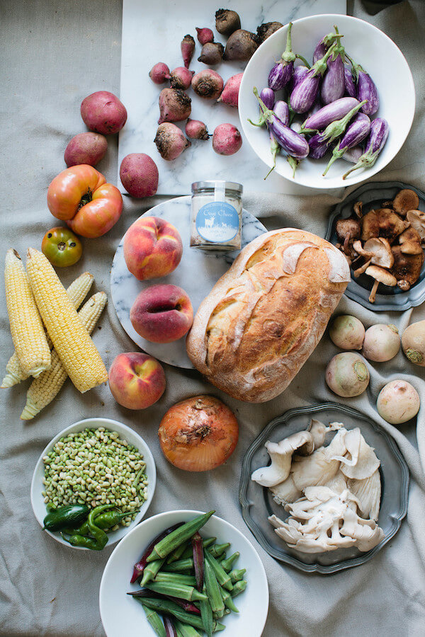 Aerial view of fresh vegetables spread out on a table