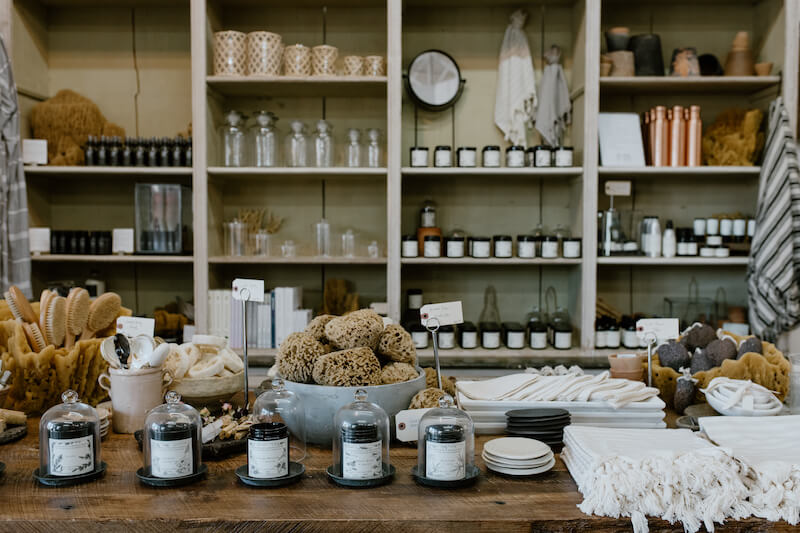 Knick-knacks on wood table in store