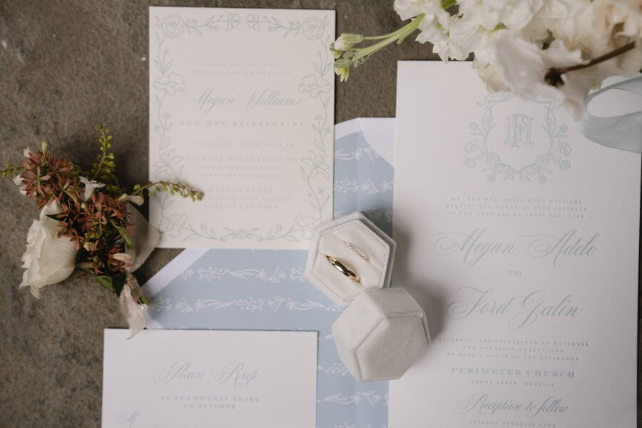 Aerial view of wedding stationery
