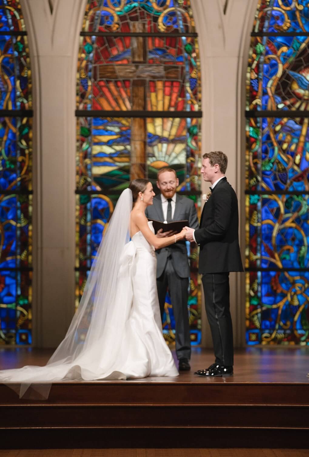 bride and groom at church altar