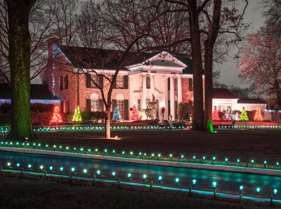 Graceland with holiday Christmas lights