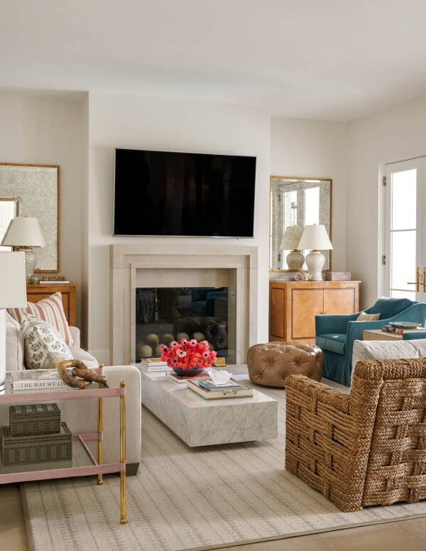 Living room with woven chairs and low rectangular coffee table