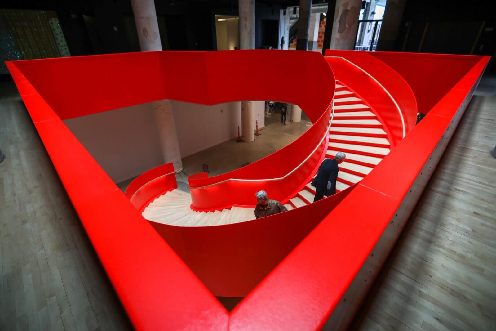 red s-shaped staircase at crosstown concourse