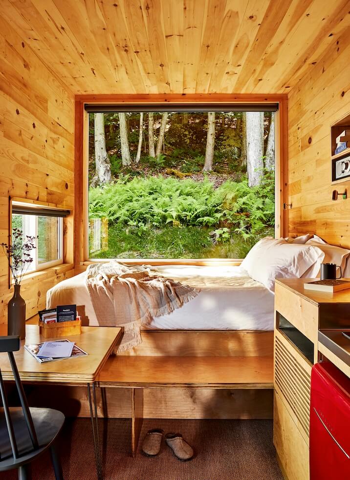 interior of a small cabin in the woods
