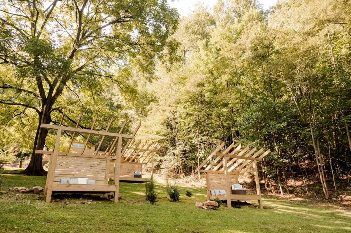 wooden benches in a forest