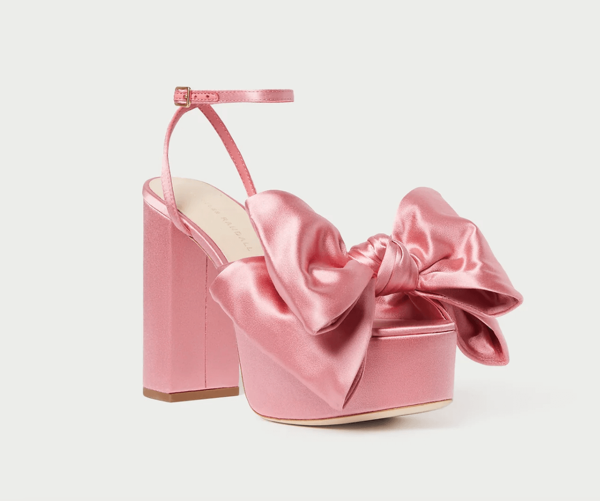 pink satin platform heel with bow